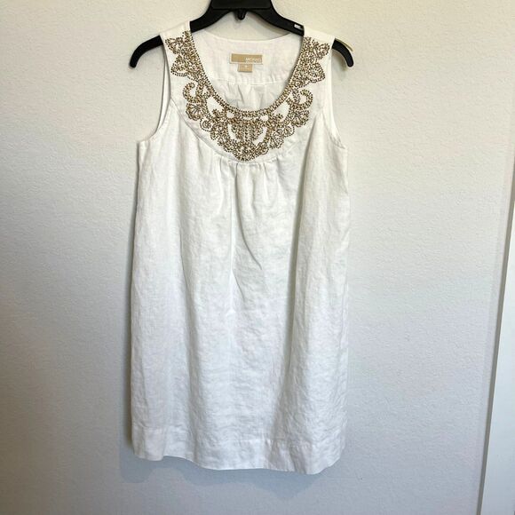 Michael Kors Dress 8‎ White/Gold Beading 100% Linen Dress Classic Femine - Picture 1 of 8